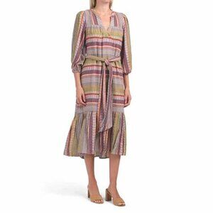 D.RA Jacquard Jenwin Midi Dress Striped Print Vintage High Low Tiered M 251014